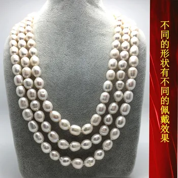 Vroče prodati 9-10 mm, beli riž pearl pulover verigo, dolgo ogrlico modni nakit