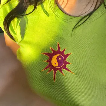 Yin in Yang Geometrijske Sonce Vzorec Vezenje na majice 2020 Poletje, Dekleta, Ženske, Rastlinske T Srajce Vrh Harajuku Priložnostne Kratek Tees