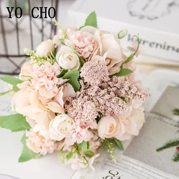 YO CHO Rose Umetne Svile Cvetja za Dom Dekoracija Poroka Ponaredek Flores Šopek Roza Stranka Pribor, Namizni Dekor Cvetje
