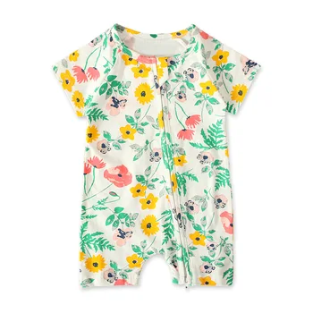 Za malčke baby dekle poletje kratek rokav cvet tiskanja outwear zadrgo, igralne obleke otroci baby dekleta jumpsuits kombinezon malčka sunsuits