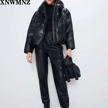 Za Ženske črno krzno, umetno usnje jakno plašč prevelik zadrgo 2020 Pozimi Ženska Debela pu hooded suknjič Suknji Visoke kakovosti