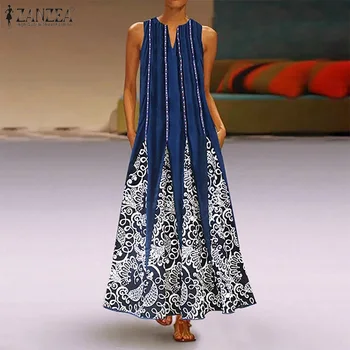 ZANZEA 2021 Moda Natisnjeni Maxi Dress Vintage Žensk V Vratu Sundress Poletje Sarafans Vestidos Ženski Cvetno Ogrinjalo Plus Velikost