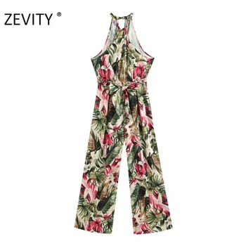 ZEVITY ženske tropskih cvet tiskanja širok noge hlače kombinacija gospe brez rokavov povodcem jumpsuits priložnostne lok sashes igralne obleke D4294