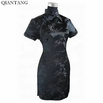 Črna Tradicionalna Kitajska Obleka Mujer Vestido Žensk Saten Qipao Mini Cheongsam Cvet Velikost S M L XL XXL XXXL 4XL 5XL 6XL J4039