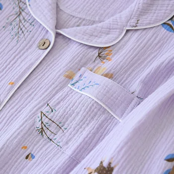 Ženske Bombažne Gaze, Pižame Z Dolgimi Rokavi Pomlad Pajama Nastavite Vijolične Barve Sivke Tiskanja Sleepwear 2 Kos Priložnostne Svoboden Seksi More