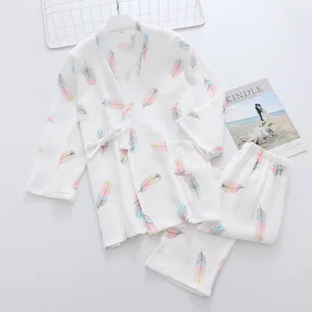 Ženske Novi Japonski Kimono Tradicionalnih Pižamo Nastavite Pomlad Jesen Bombažne Gaze Listov Tiskanje Kopel Paro Oblačila Homewear Yukata