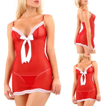 Ženske ' s Plus Velikost Božič Proti-Vrat Suspender Šivanje Čipke Seksi Nightdress (Z Tangice)