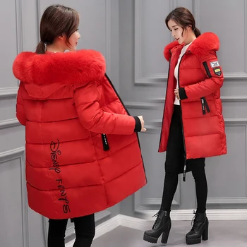 Ženske zimske Outwear korejski Big Krzno Ovratnik Navzdol Bombaž Parka Ženske Slim Mid-Dolgo Moda Suknji Toplo Debele Wadded Jakno Plašč