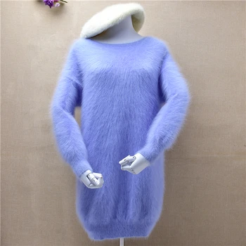 ženske ženska zimski modni modri mink kašmir pletene srednje dolg barva angora pulover krzno, pleteno skakalec pulover obleko