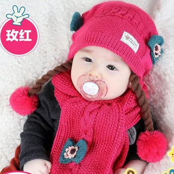 2016 korejski False pletenice Otrok Pletene kape pozimi dve cvetje 2 kos baby dekle, šal, kapo in nastavite Starost za 6 mesecev-2 Leti Stare MZ4188