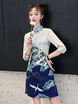 2020 Poletje Novo Izboljšano Cheongsam Kitajske Tradicionalne Tiskane Obleko Mlado Dekle Sexy Mini Vestidos Letnik ženska Oblačila Qipao