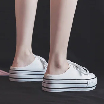 2020 Poletje Novo Platformo Natikači Platno Čevlji Ženske 5.0 cm Visoke Pete Beli Čevlji Dekleta Priložnostne Zavezat Ne Zdrsne Nazaj na Copate