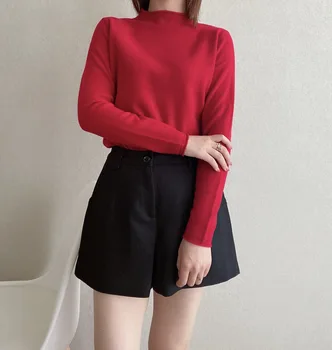 2020 priložnostne preprost dolg rokav visoko vratu dolg rokav pleteni pulover ženske, rdeča