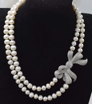 2rows sladkovodnih pearl white bližini krog 8-9 mm ogrlica 17-18-inch FPPJ debelo biseri narave