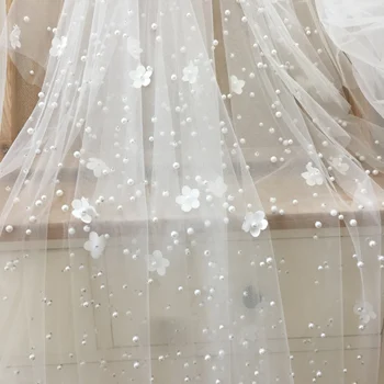 3D cvet pearl beading til tkanine, čipke v off white, poročni veil poročni obleki oblog krasen cvet čipke DIY 150 cm širok