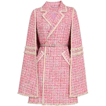 Abrigo tweed con fragancia pequeña par mujer, abrigo de lana rosa con doble botonadura ajustada de mezcla de lana