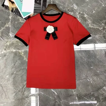 AELESEEN vzletno-pristajalne Steze Moda za Ženske, Bombaž Majica s kratkimi rokavi 2021 Poletje Visoke Kakovosti 3D Cvet, Bela Rdeča Črna Priložnostne Dame T-Shirt