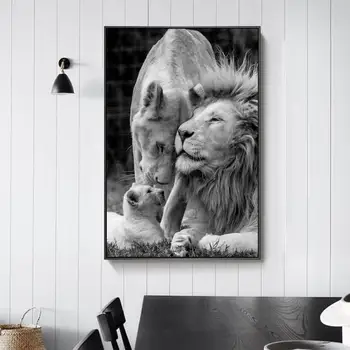 Afriške Lions Družino Platno Umetnosti Črne In Bele Živali, Plakatov In Fotografij Slike Na Steni Umetniške Slike Sobi Doma Dekor