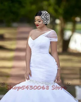 Afriške Plus Velikost Poroka Obleke, Z Eno Ramo Kroglice morska deklica Poroka Oblek Haljo de Mariee Beaded Kristali Poročne obleke