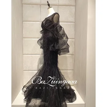BAZIIINGAAA Luksuzni Čipke Črno Večerno Obleko O-vratu Ruffle Rokav Design Formalnih Obleke, Večerne Obleke Royal Črna Obleka