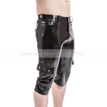 Black Latex Moški Odrezana Hlače Tesen Gume Capri hlače z Žepi S-LTM107