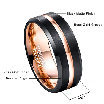 BONLAVIE Rose Zlata Volframov Karbid Poročni prstan Prstan Profilirane Black Brušena Konča Udobje, Fit Velikosti 7 do 12