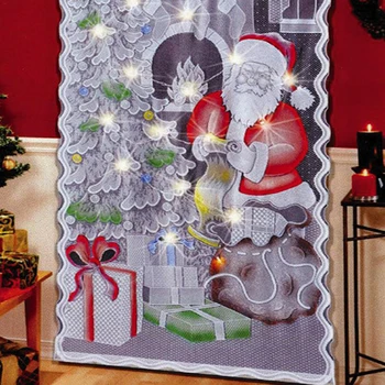 Božič Zavese Santa Claus Zavesa Z LED Luči Niz Čipke Zavese Pisanimi Okraski za Božično Drevo