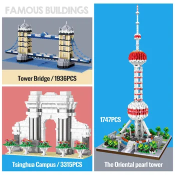 Diamond Mini Opeke Svetovno Znanih Arhitektura Oriental Pearl Stolp Twin Mostov 3D Model Gradnike, Igrače za Otroke