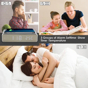 Digitalna Budilka s Qi Brezžično Polnjenje Pad Doma Desk Ura Temperatura Prikaza Datuma Polnjenje za iPhone, Samsung Huawei