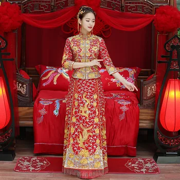 Dragon obleke nevesta poročni obleki kitajski slog kostum Phoenix cheongsam večerno obleko kažejo, oblačila slim Slog za Poroko