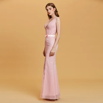 Dressv roza večerna obleka poceni v vratu morska deklica bowknot čipke, dolžina tal svate formalno obleko trobenta večerne obleke