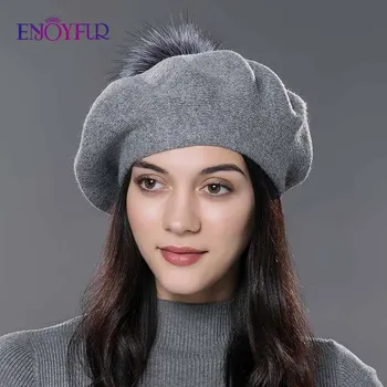 ENJOYFUR Ženske baretka klobuk ženski zimski pletena volnena baretka naravnih rakun, lisica krzno pompom klobuk barva vrh kakovosti baretka skp