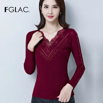 FGLAC Ženske t-shirt Moda Dolgimi rokavi, v-izrez Očesa vrhovi Elegantno Vitek Diamanti Jeseni majica plus velikost 4XL ženske blusas