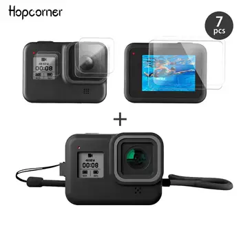 Hopcorner GoPro Hero8 Silikonske Gume Zaščitna torbica z 6pcs Kaljeno Steklo Screen Protector Gopro hero 8 Dodatki Darilo