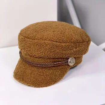 Jagnje kašmir baretka klobuk ženske debel toplo ravno top cap vrha klobuk mornarsko kapo modni vse-tekmo octagonal skp