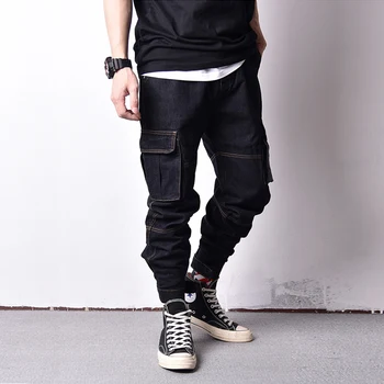 Japonski Slog Letnik Design Moške Jeans Original Barva Razrezana Moda Ohlapno Fit Velik Žep Tovora Hlače Hip Hop Jogger Kavbojke Moški