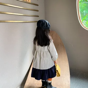 Jeseni Novi korejski Dekleta Kariran Dolg rokav Princesa obleko Modne Bombaž Mozaik Obleke Za Otroka, Dekleta, Otroci obleke