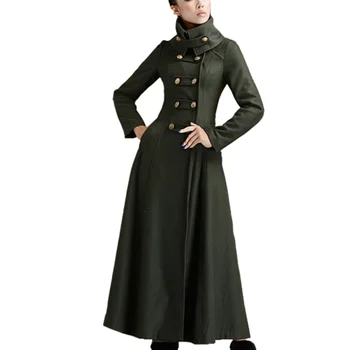 Jeseni, pozimi vojaški slog x-dolge volnene plašč ženske stojalo ovratnik dvojno zapenjanje volne mešanice suknji plus velikost 3XL