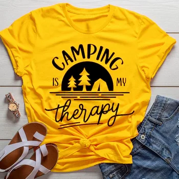 Kamp je moja Terapija T-Shirt Smešno Pismo Priložnostne Ponudbo Umetnosti Graphic Tee Stilsko Hipster Kampiranje Rumena Oblačila goth vrhovi majice