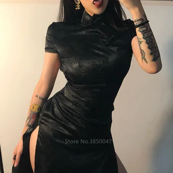 Kitajski Tradicionalni Cheongsam Obleka Ženske Črna Gothic Vezenje Qipao Retro Split Seksi Bodycon Letnik Barva Vroče Vestido