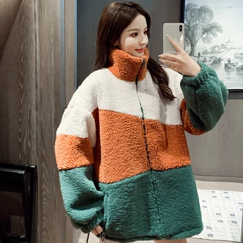 Lucyever 2020 Novo Kontrast Jagnje Majica Ženske Zadrgo Žepi Znižuj Ovratnik Obleke Ženska Korejski Svoboden Oranžna Zgornji Deli Oblacil Ženske