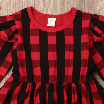 Malčka Novorojenčka Otroci Baby Dekleta Oblačenja Božič Oblačila Rdeče barve Kariran Bombaž Priložnostne Stranka Ruffle Dolg Rokav Princesa Obleke 6M-5T