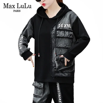 Max LuLu Moda Korejski Jeseni Ženske Punk Vrhovi In Womens Hlače Dva Kosa Določa Denim Trenirko Letnik Hooded Obleke Plus Velikost