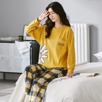 MELIFLE Jeseni Mode korejski Svile Pajama Set za Ženske, Bombaž Saten Atoff Doma Sleepwear Pozimi Toplo, Mehko Kawaii More
