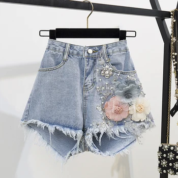 Moda Bombaža T-Shirt Vrhovi + Kratke Jeans 2 Kosa Določa 2020 Novo Poletje Oblikovalec za Ženske Traper Hlače 3D Cvetje Beading Obleko