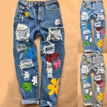 Moda tiskano z visokim pasom priložnostne ženske jeans oprati stiski luknjo naravnost-noge traper hlače ulica, hip-hop lady kavbojke