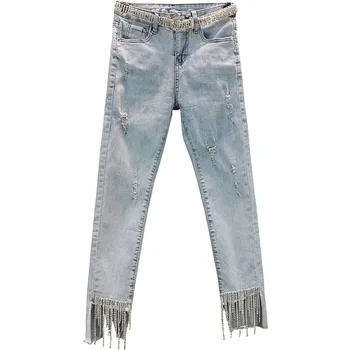 Modra nosorogovo suh ženske jeans poletje novo visoko pasu žep trdna slim seksi ženski jeans vrh kakovosti
