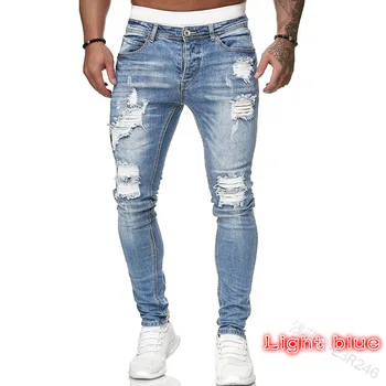 Moške Denim Raztrgane Hlače Vitek Jeans za Moške, Modni Luknjo Priložnostne Svinčnik Skinny Jeans Hlače Moški