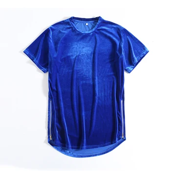 Moške Žamet T-Shirt Harajuku Prevelik Tee Vrhu Strani Zadrgo Hip-hop T shirt za Moške Rdeča/Modra/Črna Kratek Rokav Velur TShirts