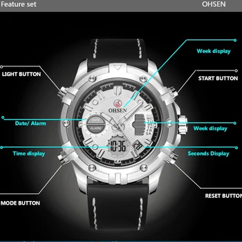 Moški Digitalni Watch Svetlobna LED Datum Teden Usnje Multifunkcijski Športno ročno uro Nepremočljiva Moška Analogna Quartz Ura Moški Reloj